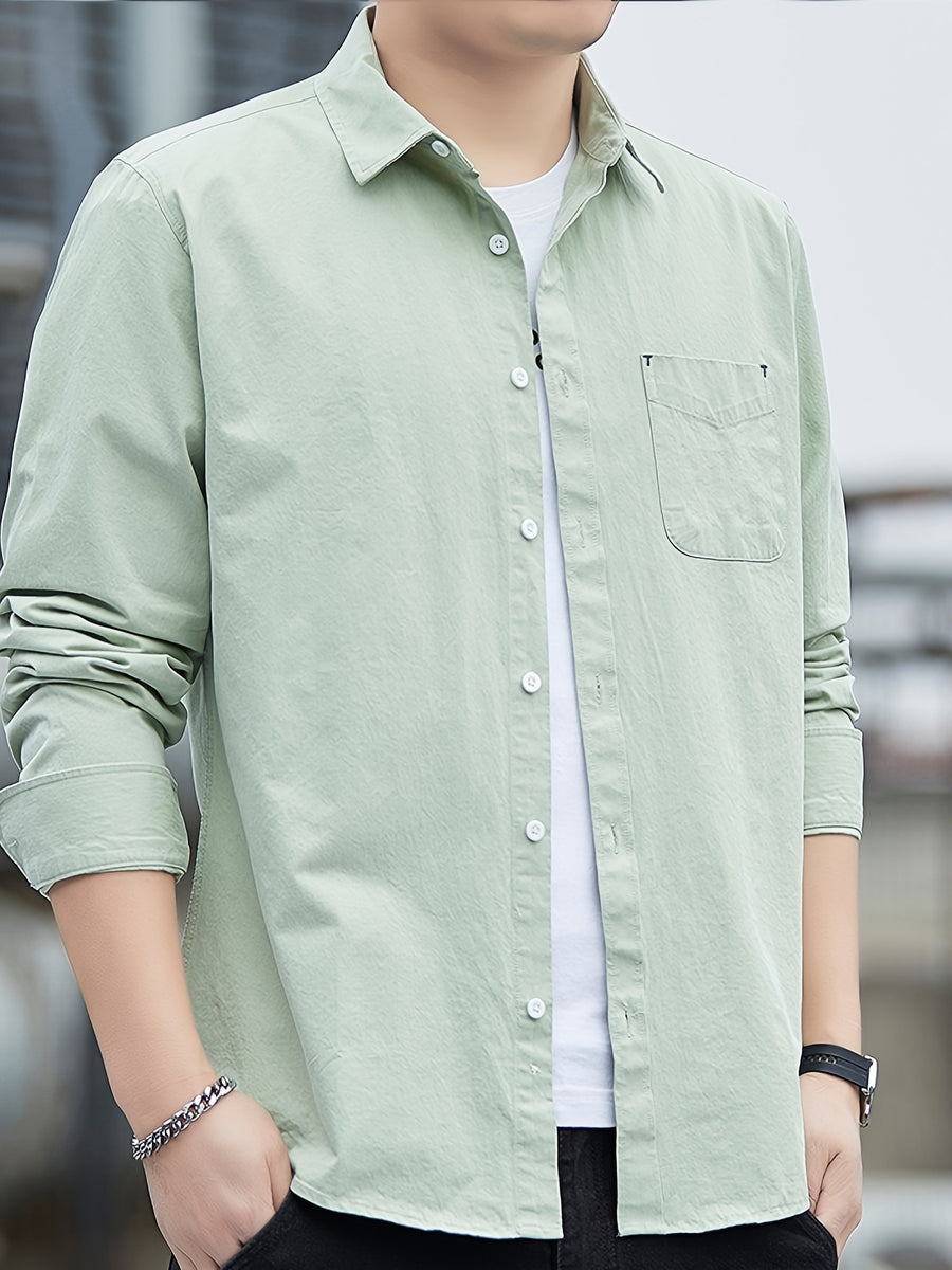 [Uomo Le Mi OBM] 1pc Spring/Autumn New Men'S Formal Shirt, Solid Color Lapel Pocket Open-Front Long Sleeve Shirt, Men'S Business Casual Fashion Versatile Shirt Jacket, Suitable for Spring And Autumn Single Wear Or Outerwear, Fits Daily And Casual - Lake Green