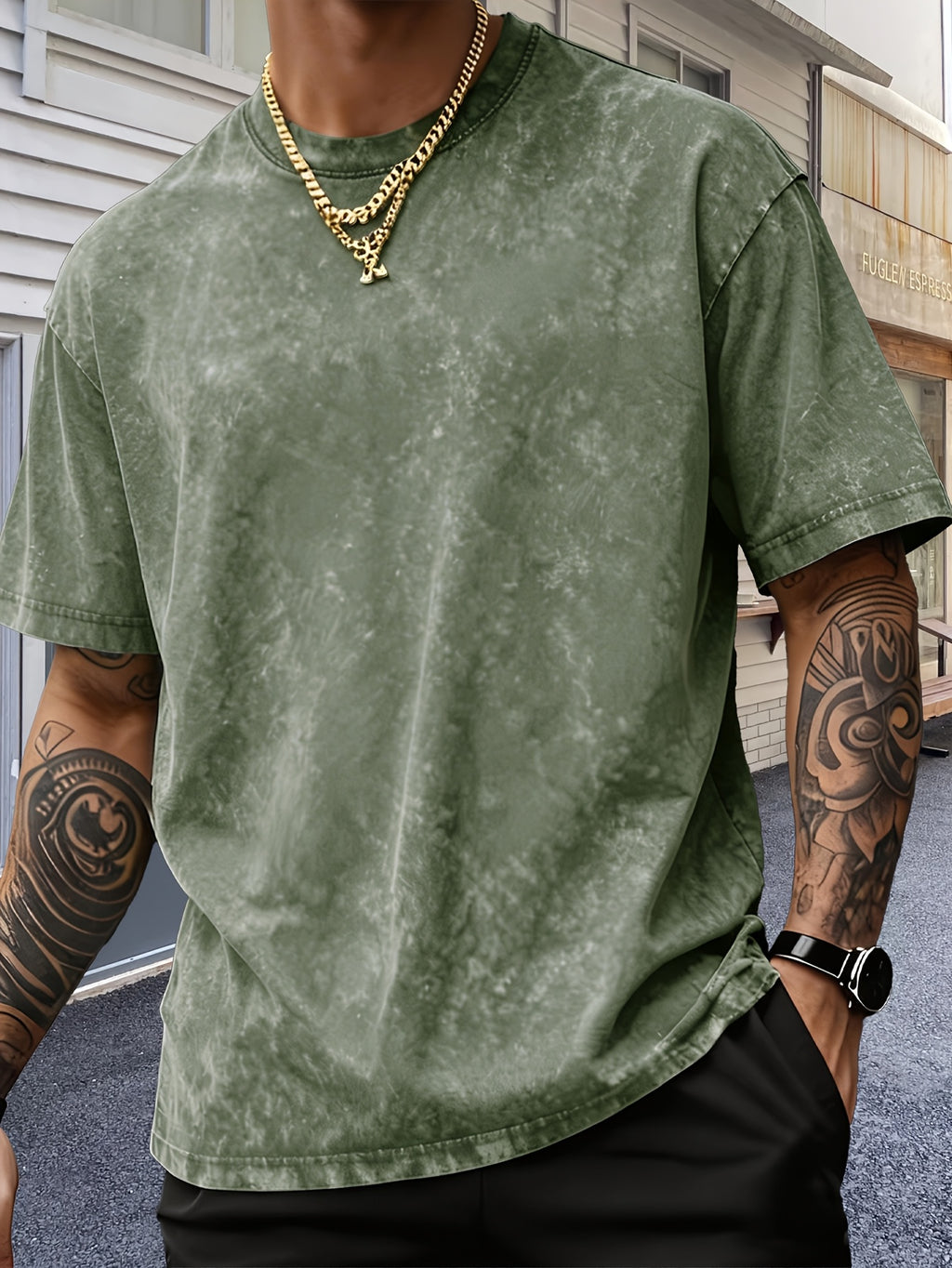 Men'S Heavyweight Short Sleeve Washed Distressed Fashion T-Shirt, Skin-Friendly And Breathable, Vintage Compass Eagle Arrow Geometric Line Print, Western High Street Hip-Hop Street Style, Pure Skin-Friendly Non-Sheer Material - Olive Green