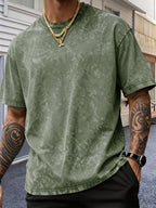 Men'S Heavyweight Short Sleeve Washed Distressed Fashion T-Shirt, Skin-Friendly And Breathable, Vintage Compass Eagle Arrow Geometric Line Print, Western High Street Hip-Hop Street Style, Pure Skin-Friendly Non-Sheer Material - Olive Green