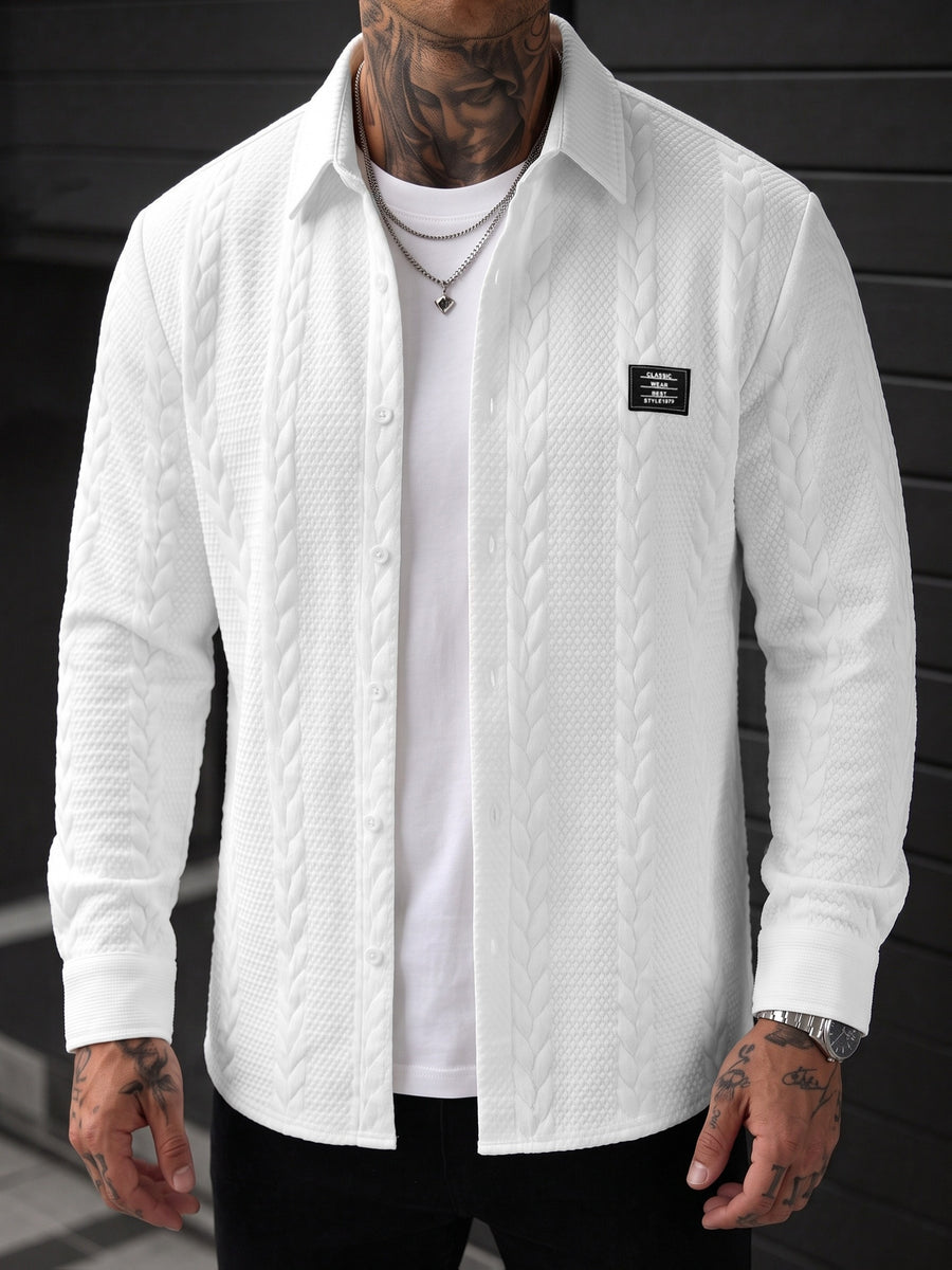 Men'S Long Sleeve Shirt Textured Jacquard Lettering Embellished Design Easy Casual Commuter Business Casual Men'S Clothing Casual Shirt - White