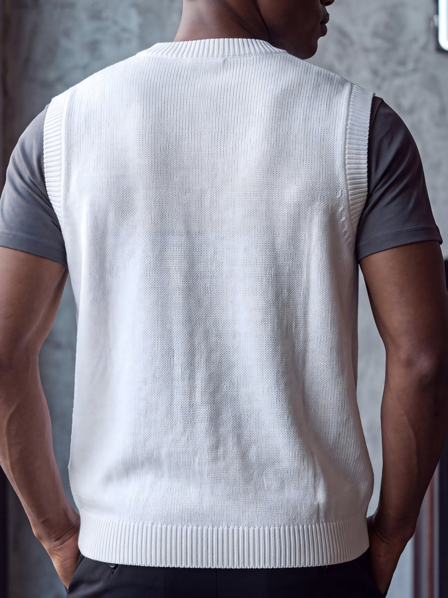Western Men'S Back-To-School American Preppy Style Jacquard Embroidered V-Neck Knit Vest, Campus Commute Layering for Spring/Autumn - White