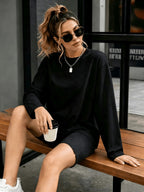 2pcs Women's Y2K Oversized Round Neck T-Shirts - Soft Loose Fit Solid Color Basic, Medium Stretch Suitable for Daily Commuting, Layering & Streetwear, Machine Washable Spring/Autumn Wardrobe - Black + Black