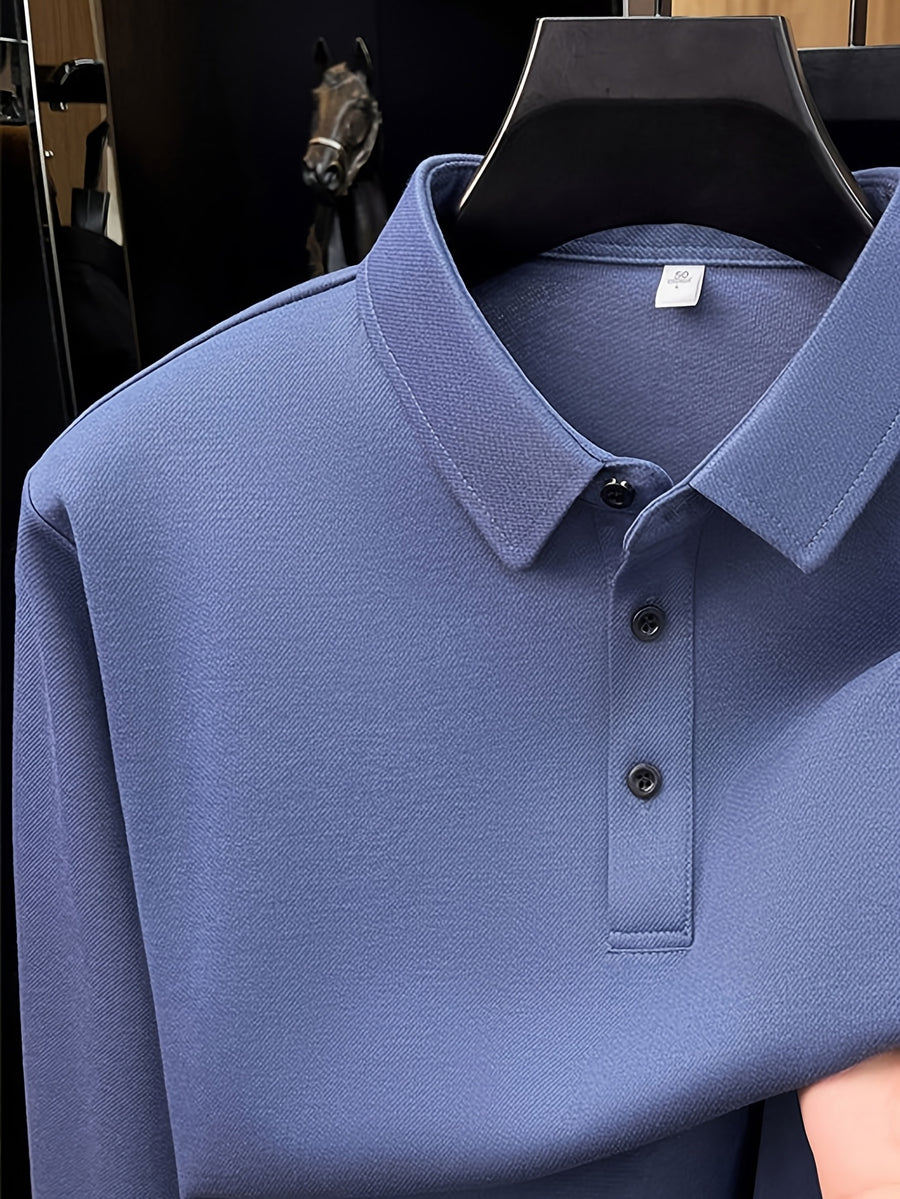 Men's Solid Color Long-Sleeve Polo Shirt, Simple and Clean Design Without Logo, Slightly Relaxed Fit, Flattering on All Body Types, Suitable for Spring and Autumn - SINBOS - Blue