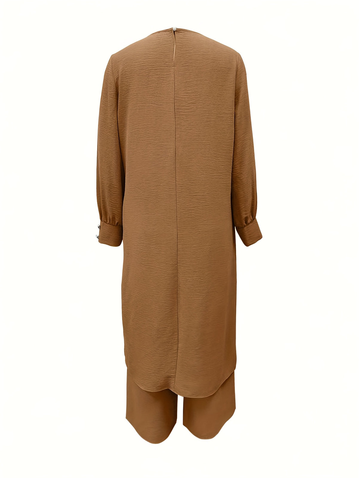 Ramadan, Women's Front-Button Long Sleeve Slit Dress & Pants Casual Arabic Style 2pcs Set, Only Clothes, Without Headscarf - Khaki