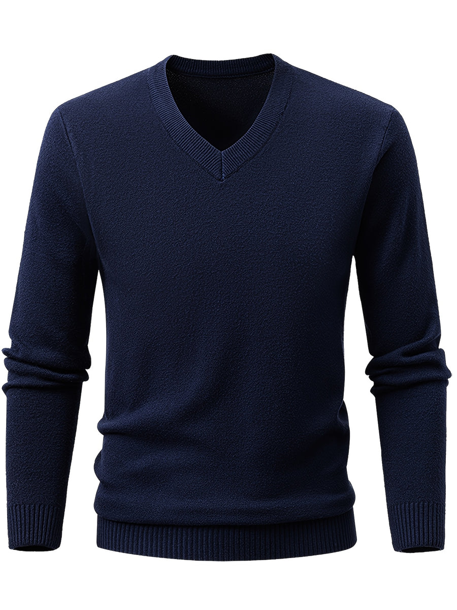 Autumn/Winter New V-Neck Solid Color Pullover Casual Versatile Knit Top for Men - Navy Color
