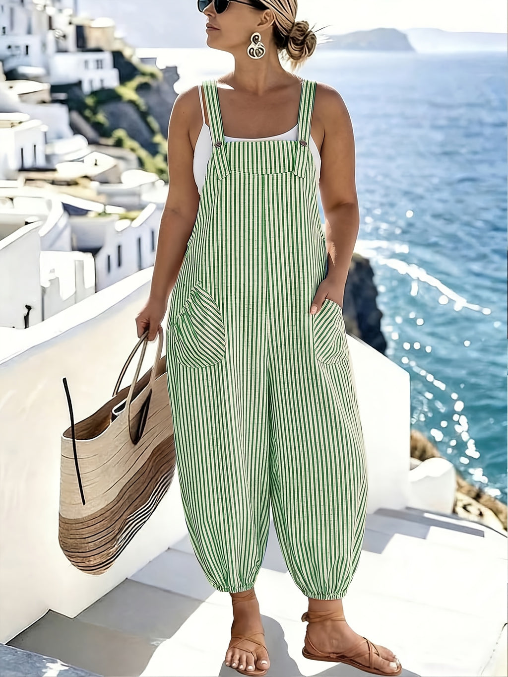 Standard Size Women's Spring/Summer Elegant and Fashionable Commuter Striped Pocket Cuffed Suspender Jumpsuit - Green And White Stripes