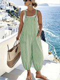 Standard Size Women's Spring/Summer Elegant and Fashionable Commuter Striped Pocket Cuffed Suspender Jumpsuit - Green And White Stripes
