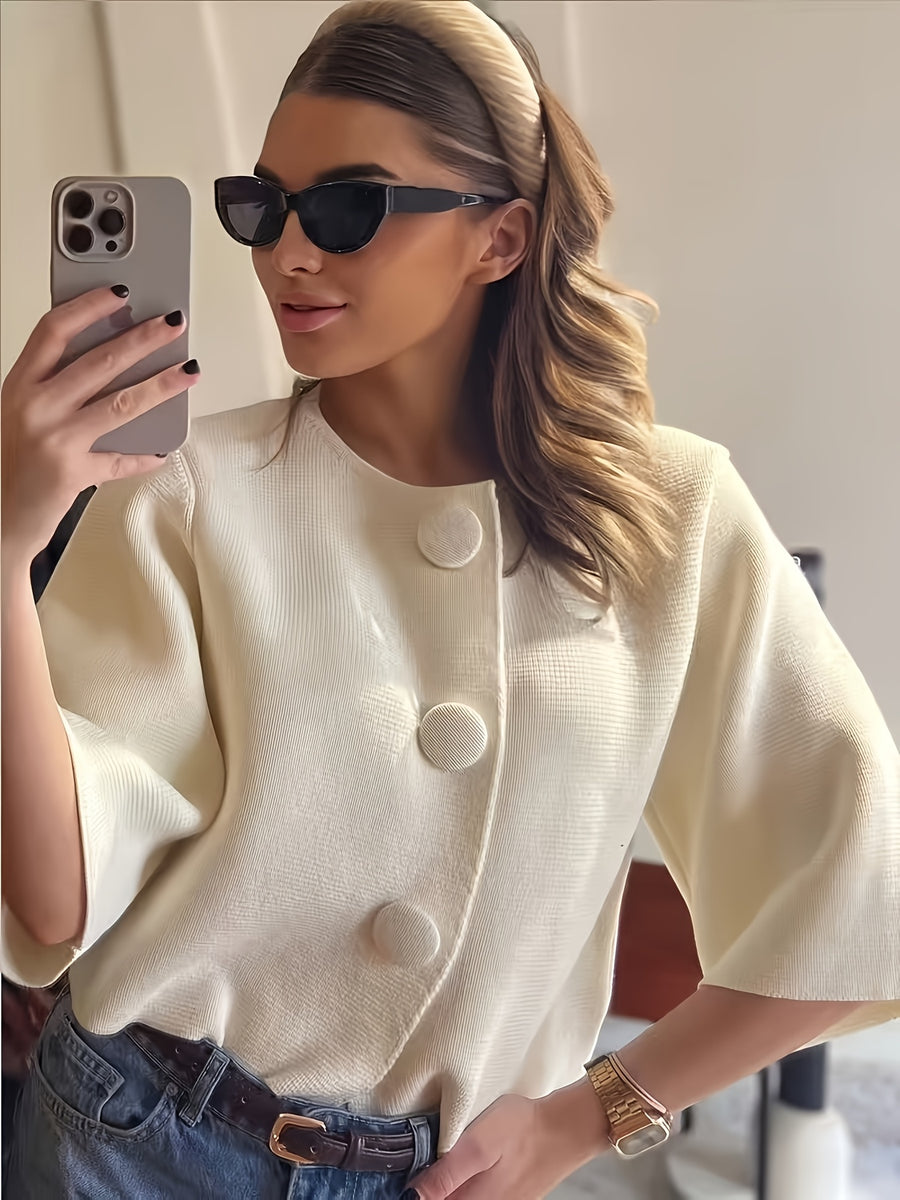 French-Style Large Button Cardigan - Oversized Cropped Top with Flared Bell Sleeves, Round Neck Button-Front Closure, Medium Stretch Suitable for - Layering, Elegant Office to Weekend Wear - Apricot