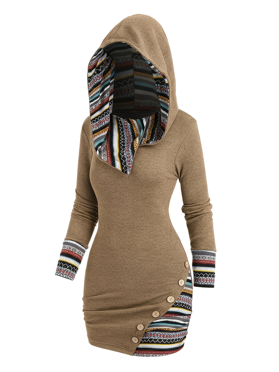European And American Fashion Women'S Ethnic Style Geometric Striped Patchwork Hooded Long-Sleeve Fitted Dress - Khaki