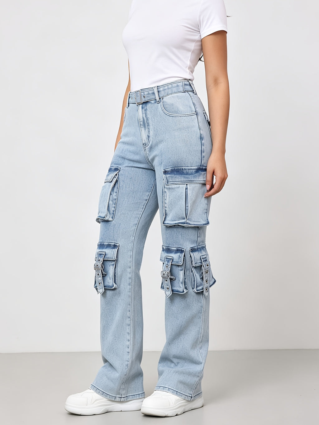 Popular Stylish Women's Denim Jeans - American Streetwear Style, Mid-High Stretch, Hip Hop Multi-Pocket Straight-Leg Cargo Jeans - Sky Blue