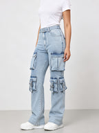 Popular Stylish Women's Denim Jeans - American Streetwear Style, Mid-High Stretch, Hip Hop Multi-Pocket Straight-Leg Cargo Jeans - Sky Blue
