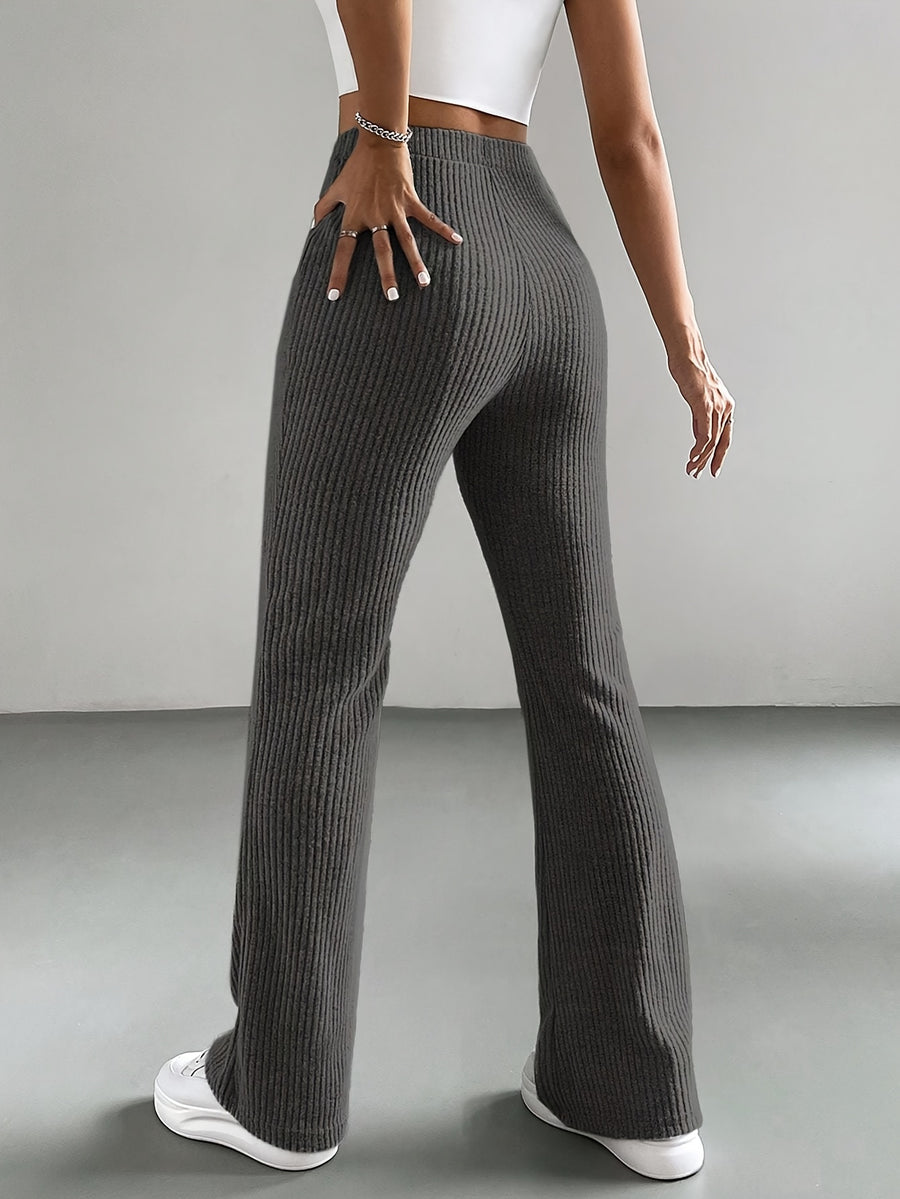 High-Waisted, Elastic Waist Straight-Leg Pants in Light with Small Ribbed Texture And a Slight Flare - Dark Gray