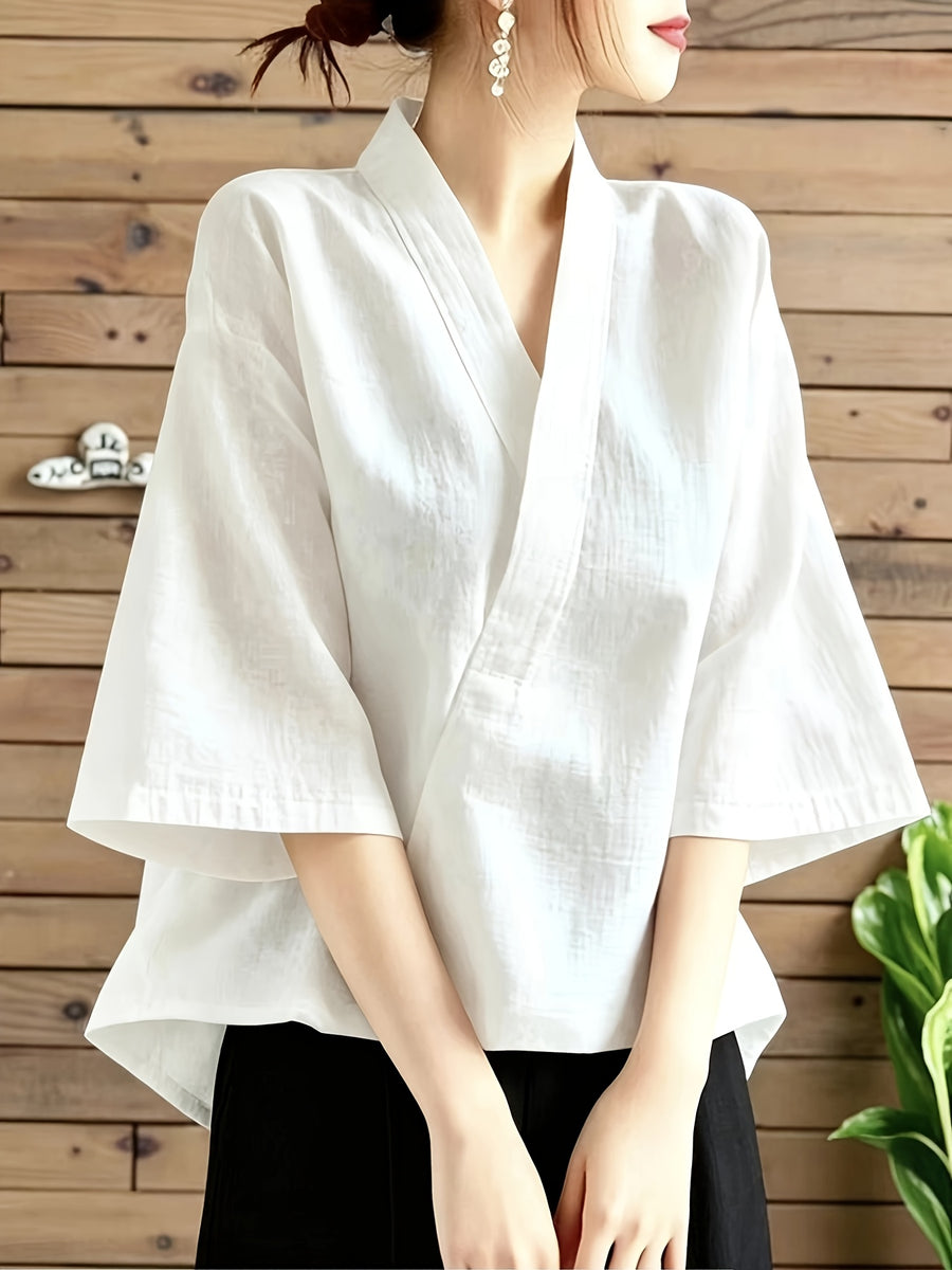 Women'S Cross V-Neck 3/4 Sleeve Kimono Top - White