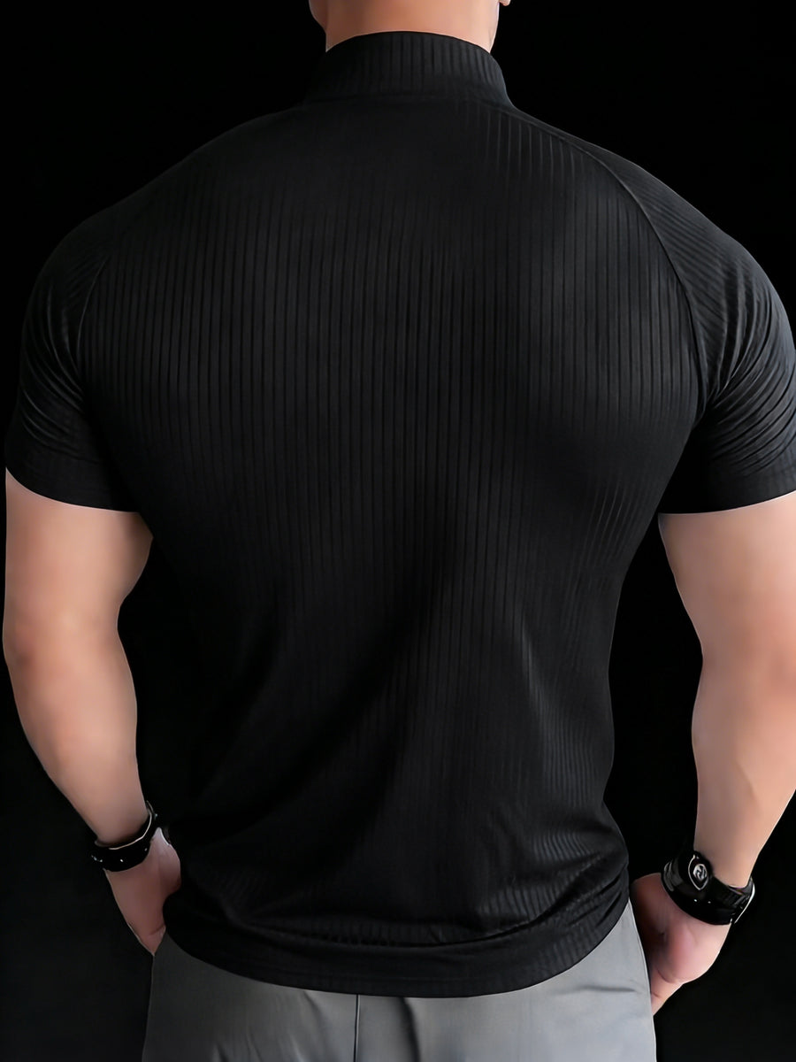 Six-color Men's Summer Casual Half-zip Short-sleeve Shirt - Made of 240g Ribbed Piqué Breathable Stretch Fabric, Featuring a Half-zip Stand-up Collar Design, Lightweight and Comfortable, Suitable for Casual Wear, Gym or Outdoor Activities, Sportswear - Black