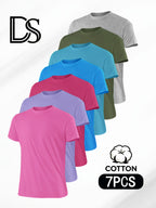7pcs Men's Pure Crew Neck Short Sleeve T-Shirts, Unisex Basic Short Sleeve Tops, Matching Couple's Style, Comfortable, Soft, Breathable, and Sweat-Wicking, Suitable for Layering or Wearing Alone, Ideal for Sports, Outdoor, Casual, and Commuting - Mixed Color 2