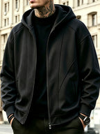 Men's Full-Zip Hoodie, Geometric Patchwork Loose Fit Long Sleeve Hooded Sweatshirt, Casual Streetwear Outerwear with Side Pockets, Thick and Soft Fabric Jacket, Suitable for Daily Walks, Gym, Sports, Outings, and Urban Streetwear - Black
