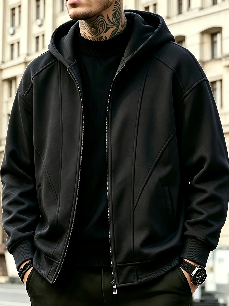 Men's Full-Zip Hoodie, Geometric Patchwork Loose Fit Long Sleeve Hooded Sweatshirt, Casual Streetwear Outerwear with Side Pockets, Thick and Soft Fabric Jacket, Suitable for Daily Walks, Gym, Sports, Outings, and Urban Streetwear - Black
