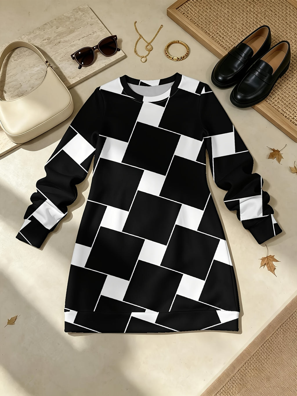 Black White Checker Women'S All Over Print Long Sleeve Dress, Slight Stretch Crew Neck A Line Straight Hem, Versatile for Commute, Home & Dating - Multicolor