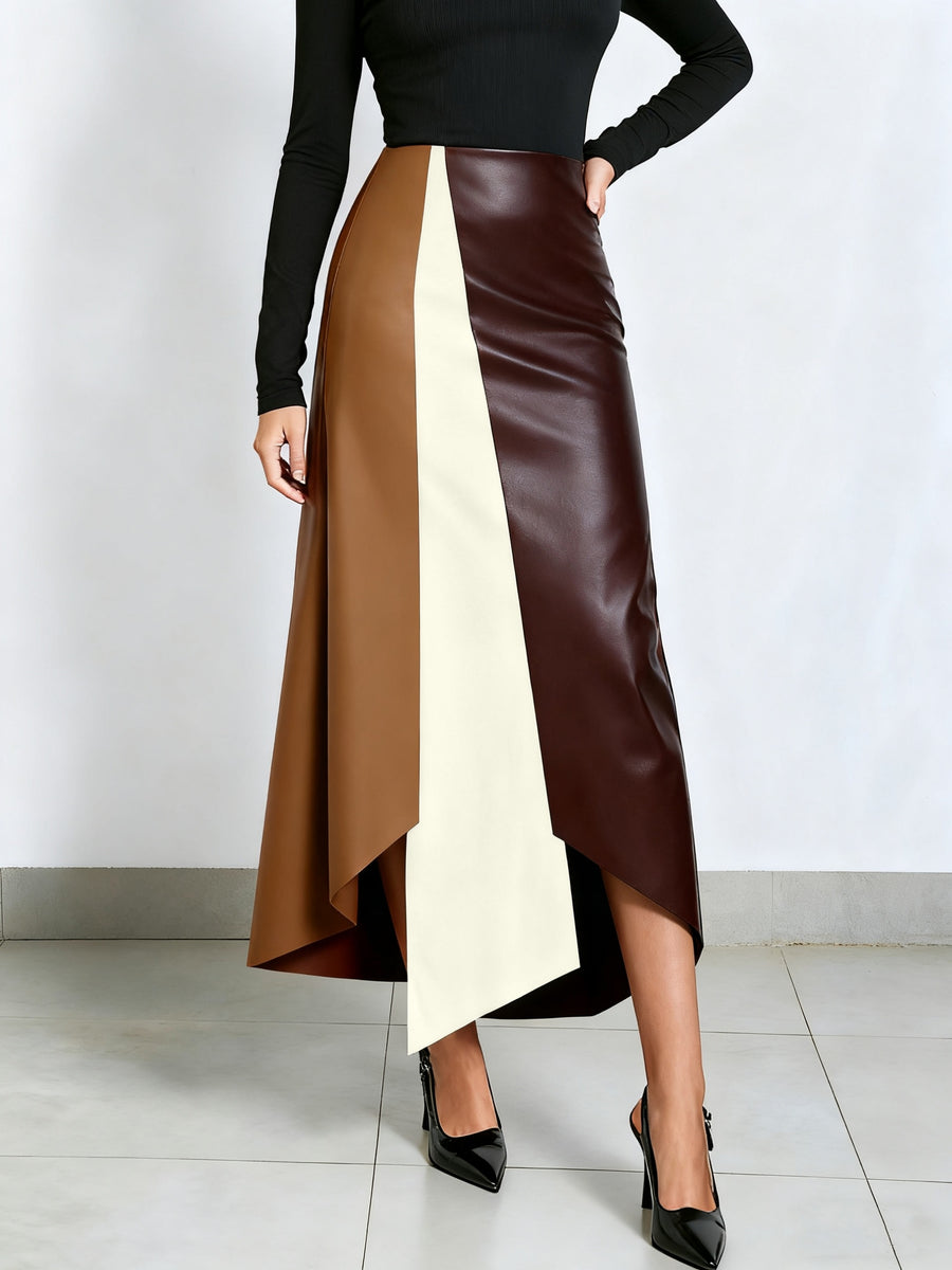 2026 Spring Summer New Arrival Skirt: Irregular Color Block Patchwork, Strong Design Sense, Bodycon Slim Fit Shapes Curves, Minimalist Fashion & Sexy, Y2K Style, Suitable for Casual, & Office Women'S Wear - Brown, milky white, and dark red clash