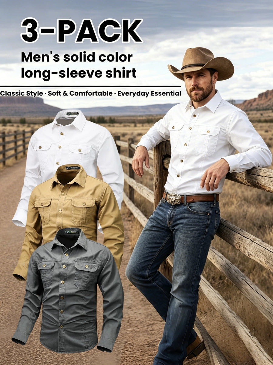 Men'S 3pcs Set of Solid Color Long-Sleeve Work Shirts, Double-Pocket Practical Western Style Shirts, Suitable for Outdoor, Construction Site, Commuting And Various Indoor/Outdoor Scenarios, Autumn Menswear - White+Khaki+Gray