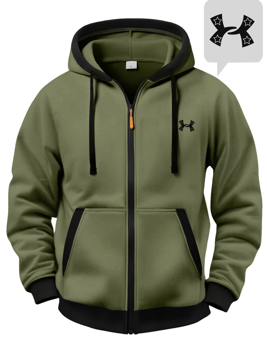 Men'S Color-Block Hooded Cardigan College Style Sweatshirt Casual Fashion Jacket Design Black Pattern Print Fleece Warm Autumn And Winter Long-Sleeved Top - fern green