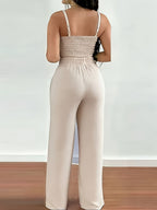 2-piece Women's Set with Thin Strap Stretch Camisole and Wide-leg Pants (front Tie) for Casual Vacation Wear - Apricot