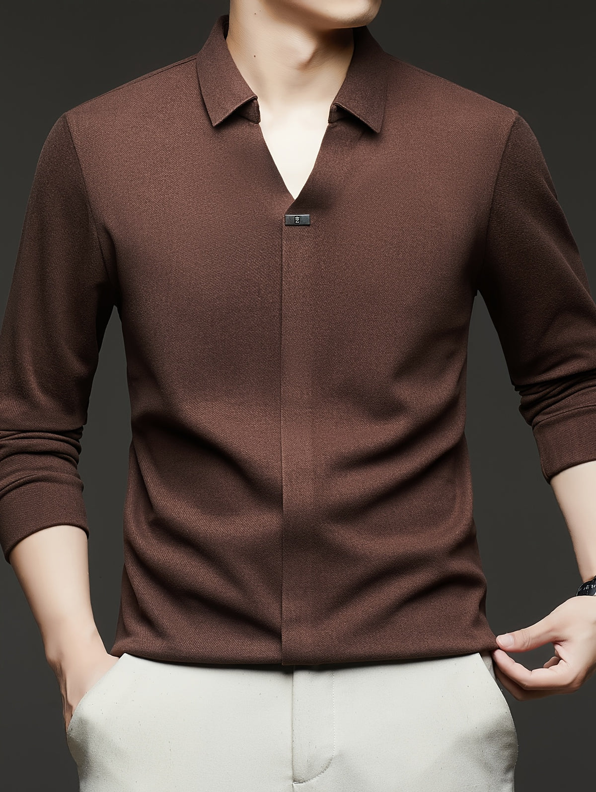 [High-End Fashion] Men'S Plus Size Polo Shirt Spring/Autumn Style French Scissor Collar Business Casual Trendy Long Sleeve T-Shirt, Suitable for Various Occasions MD967 - Coffee Color