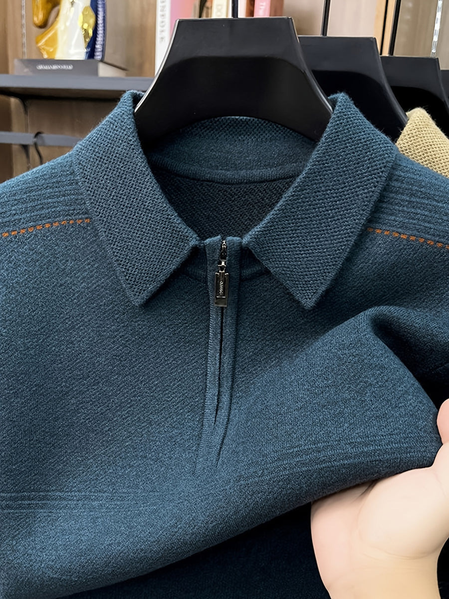 Men's Thickened Lapel Half-Zip Pullover Long-Sleeve Sweater with Ribbed Cuffs and Hem, Autumn/Winter Style, Suitable for Layering or Wearing Alone, Business Casual Style - 【blue green】