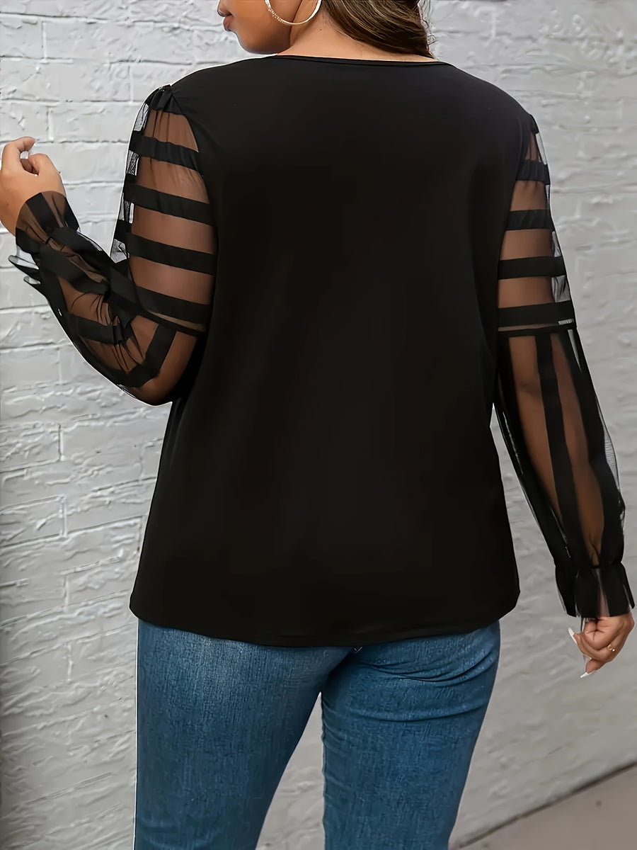 Women's Elegant Lace Trim Long Sleeve T-Shirt - Loose Fit Solid Black Top, Round Neck All-Season Machine Washable Blouse for Casual & Formal Wear, Versatile Fashion, Sophisticated Style, Layered Texture - Black