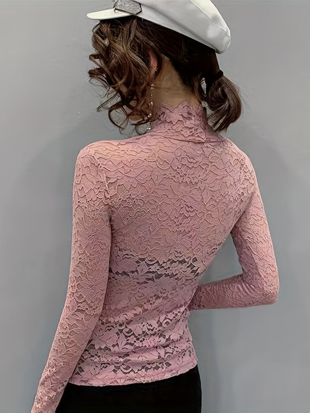Lace Mock Neck Slim Top, Sexy Long Sleeve Top For Spring & Fall, Women's Clothing - pink color