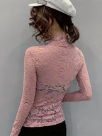 Lace Mock Neck Slim Top, Sexy Long Sleeve Top For Spring & Fall, Women's Clothing - pink color