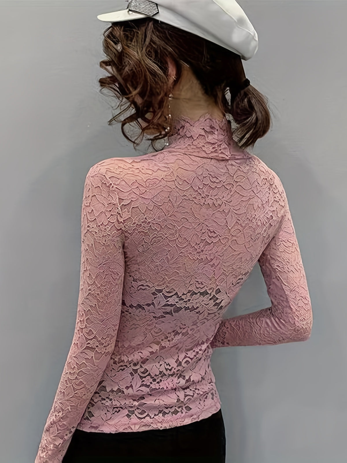 Lace Mock Neck Slim Top, Sexy Long Sleeve Top For Spring & Fall, Women's Clothing - pink color