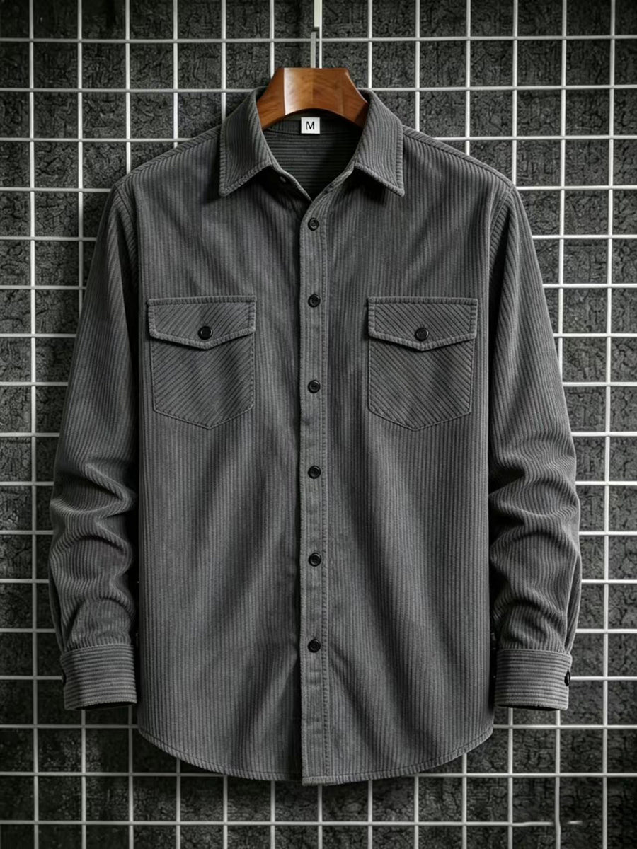 Men'S Fashion Versatile Casual Long-Sleeve Shirt, Multiple Colors Available, Pocket Design Corduroy Top Shirt Jacket - Grey