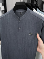 [Pearson Obm]Summer New Small Stand Collar Ice Fiber Fabric Quick-Drying Short-Sleeved T-Shirt Men'S Young Loose Casual Short-Sleeved Top Men'S Clothing Lao Zhou - Blue Grey