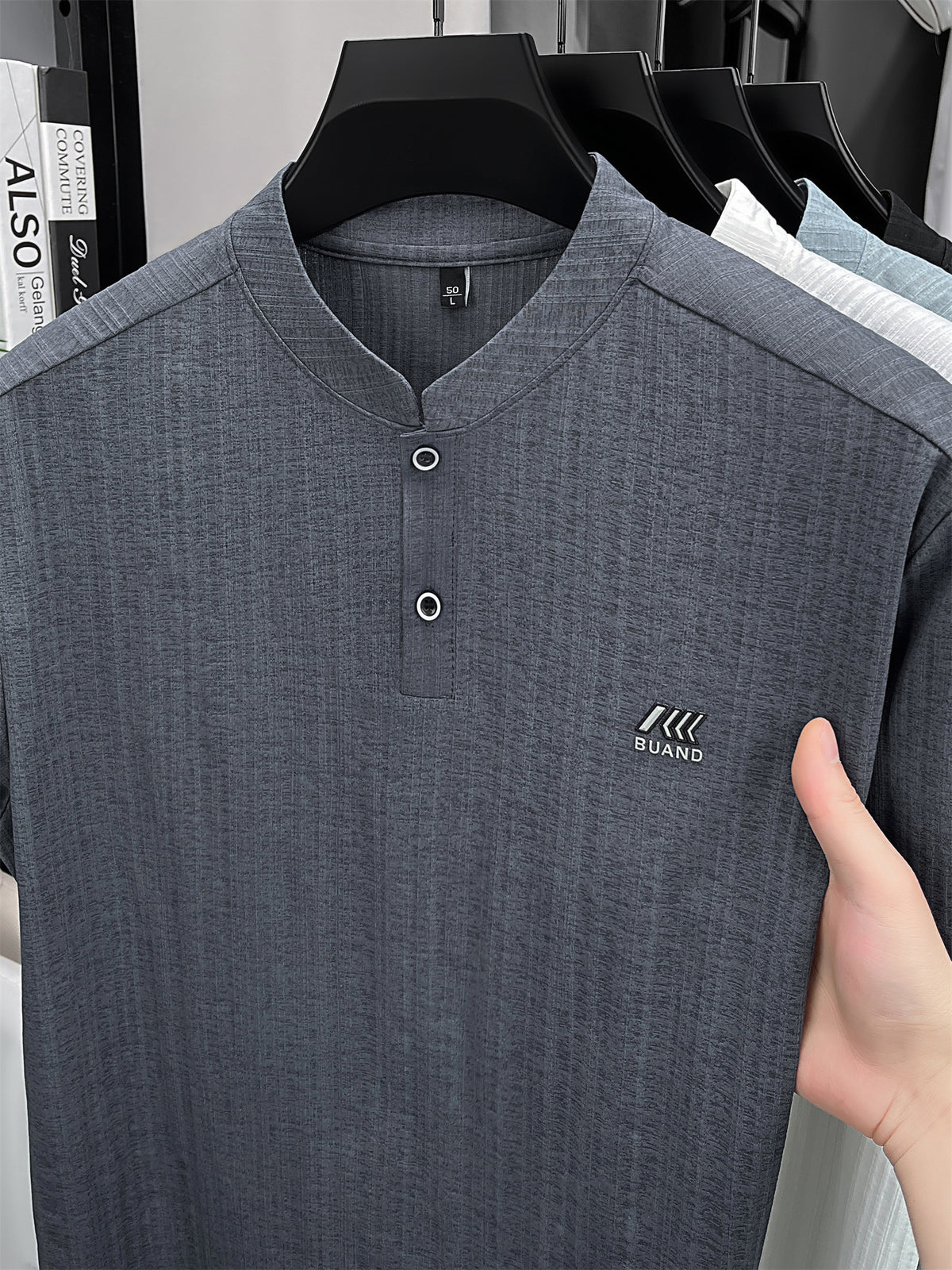 [Pearson Obm]Summer New Small Stand Collar Ice Fiber Fabric Quick-Drying Short-Sleeved T-Shirt Men'S Young Loose Casual Short-Sleeved Top Men'S Clothing Lao Zhou - Blue Grey