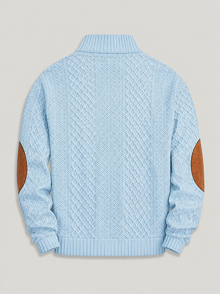 Men'S Henley Collar Knit Polo Sweater, Retro Checkered Jacquard Sweater, Patchwork Decor Long Sleeve Top, Casual Outdoor Wear - Sky Blue