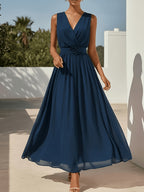 2026 Summer 3D Floral Pleated Waist Ruffled Gauze V-Neck Sleeveless A-Line Flowing Long Dress Suitable for Wedding Evening Gown Banquet Prom Daily Wear Fashionable Premium Connected Mid-Length Bridesmaid Dress [ZLLZ] - Navy Color