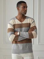 New Autumn/Winter Men's and Youth Striped V-Neck Pullover Knit Long-Sleeve Casual Beachwear Top for Men - Khaki