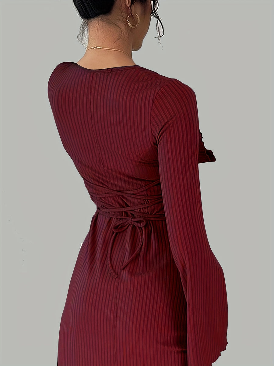 Women'S Solid Ribbed Flared Sleeve Back Tie Traditional Long Dress Elegant Long Dress - Burgundy