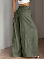 Women's Autumn/Winter Elegant Casual Vacation Solid Color Loose Textured Wide-Leg Pants - Olive Green