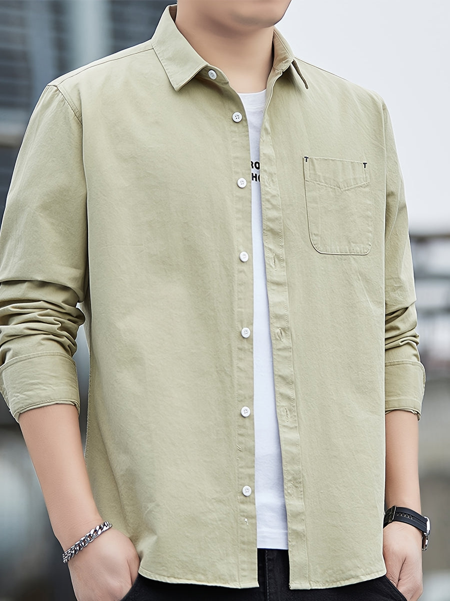 [Uomo Le Mi OBM] 1pc Spring/Autumn New Men'S Formal Shirt, Solid Color Lapel Pocket Open-Front Long Sleeve Shirt, Men'S Business Casual Fashion Versatile Shirt Jacket, Suitable for Spring And Autumn Single Wear Or Outerwear, Fits Daily And Casual - Matcha Color