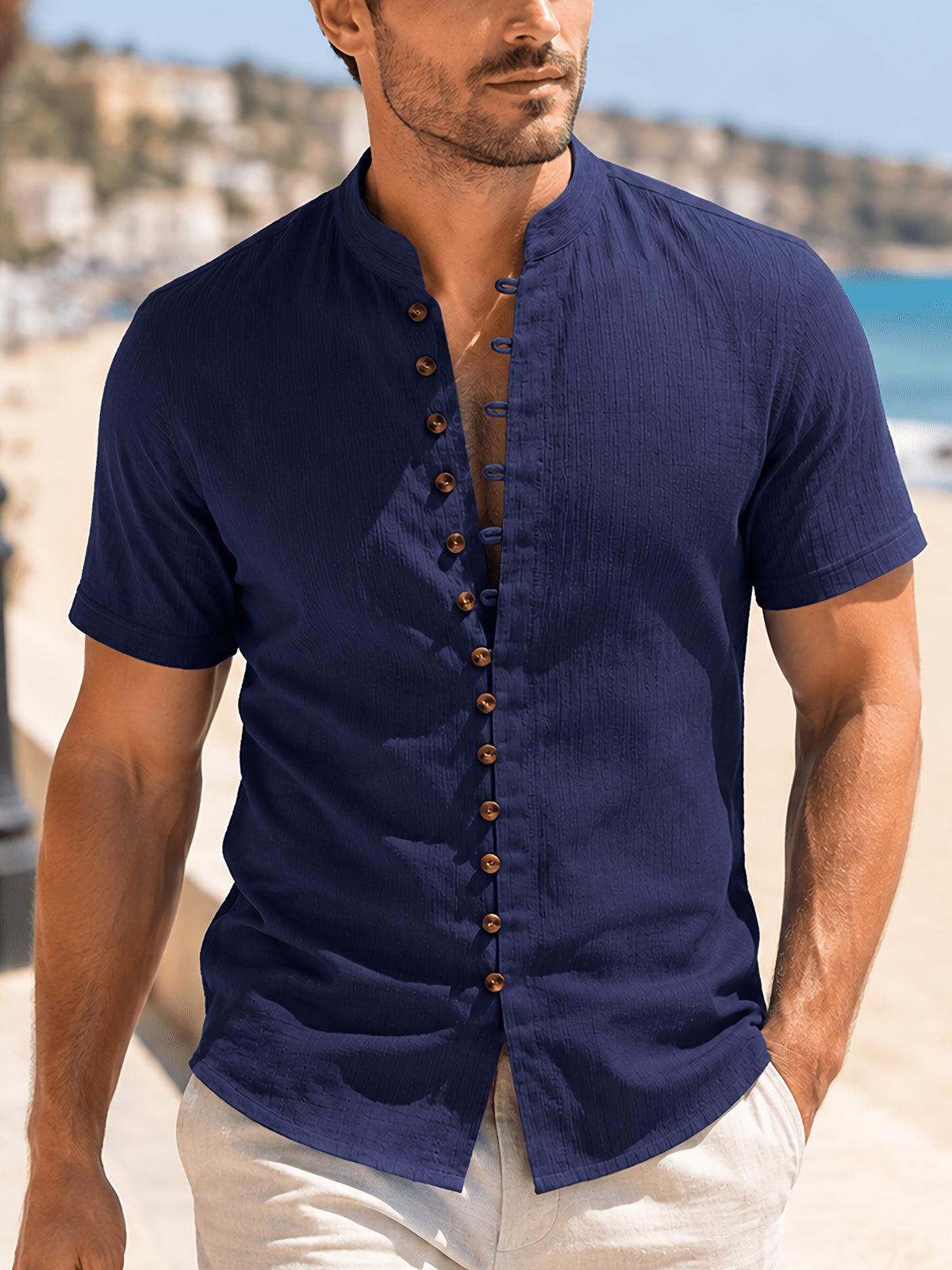[Pearson Obm] 3pcs Men'S Mandarin Collar Multi Button Shirts Textured Lightweight Breathable Slim Fit Casual Tops Vintage Style for Summer Beach Vacation Travel And Daily Wear - Black+Navy+Blue
