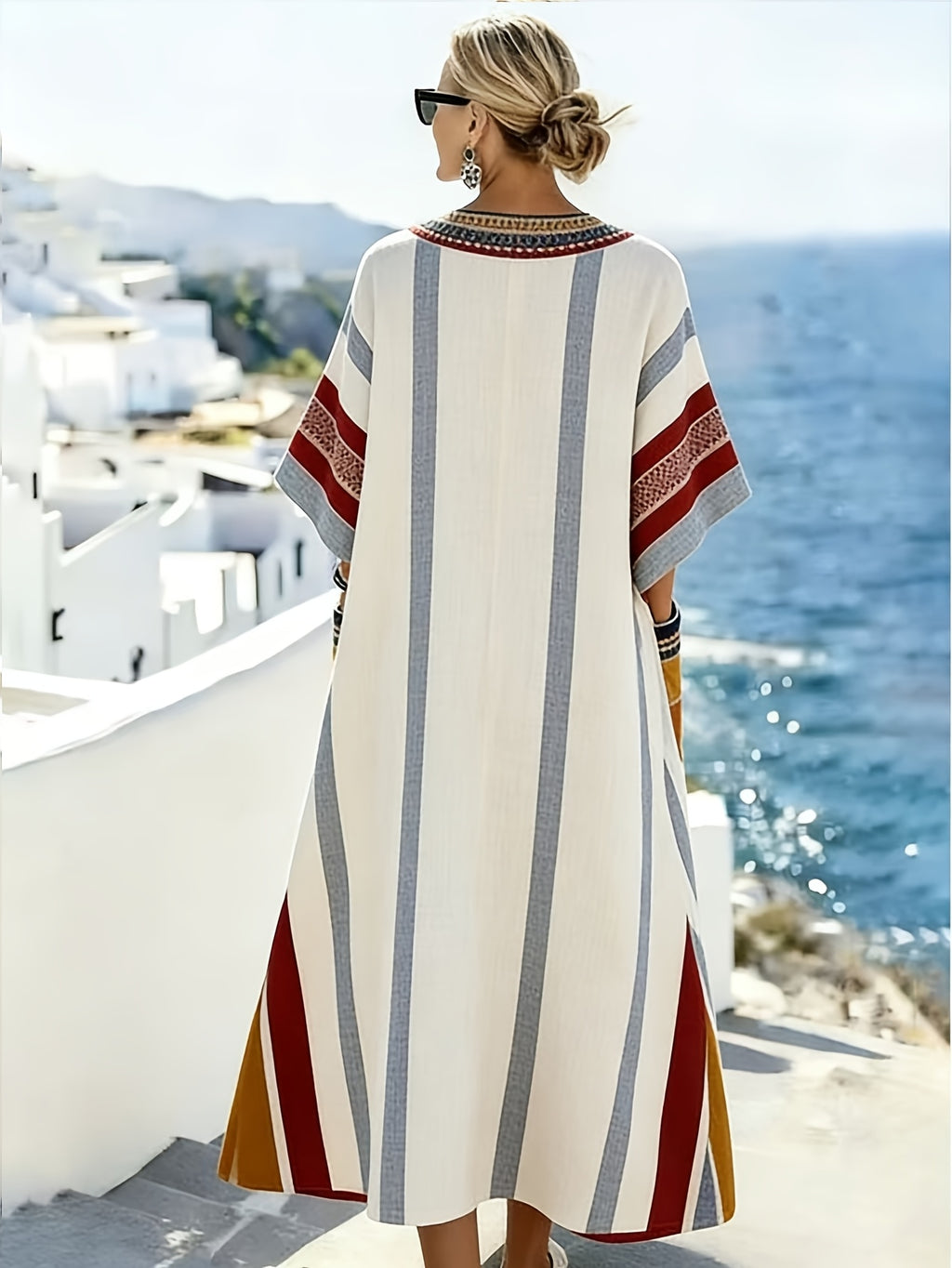 Women's Fashionable, Casual, Comfortable, and Elegant Bohemian Print Dress for Beach Vacation Style - Multicolor