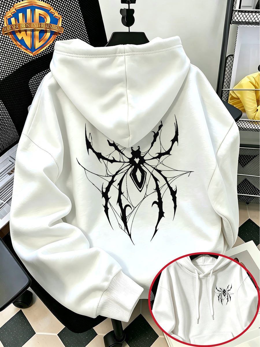 [Warner Bros. Official] Autumn/Winter Streetwear Fashion Men's Drawstring Pocket Hooded Sweatshirt, Dark Gothic Thorn & Cobweb Street Style Cool Print Design, Sporty Loose Fit Hoodie, for Daily Casual Wear, Men's Trendy Fashion, Suitable for Home - White