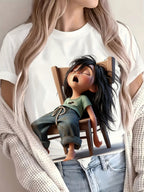 Standard Size Women's T-Shirt, Featuring a "Sleeping " Print in a Laid-back Style That Exudes a Relaxed and Vibe. Suitable for Daily Outings and Casual Wear, This Loose-fit Design Flatters Various Body Types, with Comfortable - White
