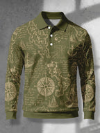 Men's Contrast Color Long Sleeve Polo Shirt, Lapel Collar Three-Button Casual Top with Vintage Nautical Manuscript Print, Versatile Men's Apparel for Spring/Autumn Business Commuting and Golf, Surprise Birthday/Holiday Gift for Young Men - Mixed Color F