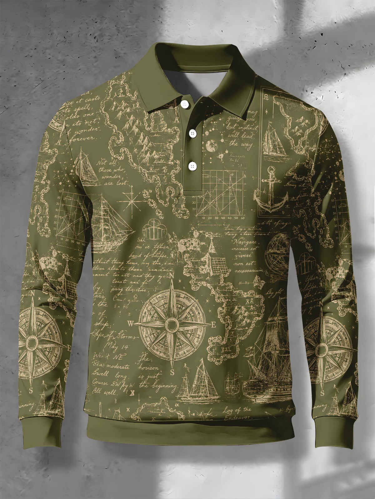 Men's Contrast Color Long Sleeve Polo Shirt, Lapel Collar Three-Button Casual Top with Vintage Nautical Manuscript Print, Versatile Men's Apparel for Spring/Autumn Business Commuting and Golf, Surprise Birthday/Holiday Gift for Young Men - Mixed Color F