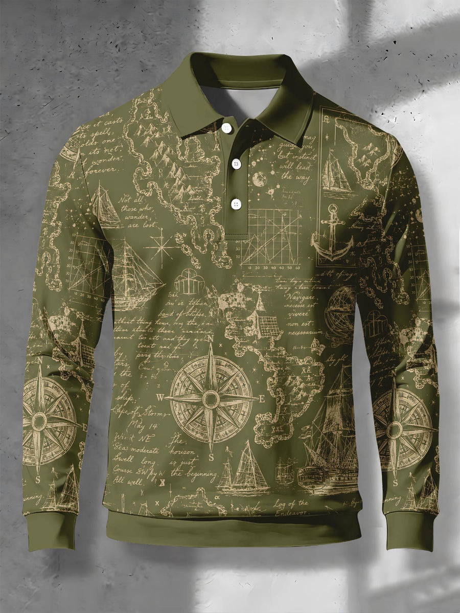 Men's Contrast Color Long Sleeve Polo Shirt, Lapel Collar Three-Button Casual Top with Vintage Nautical Manuscript Print, Versatile Men's Apparel for Spring/Autumn Business Commuting and Golf, Surprise Birthday/Holiday Gift for Young Men - Mixed Color F