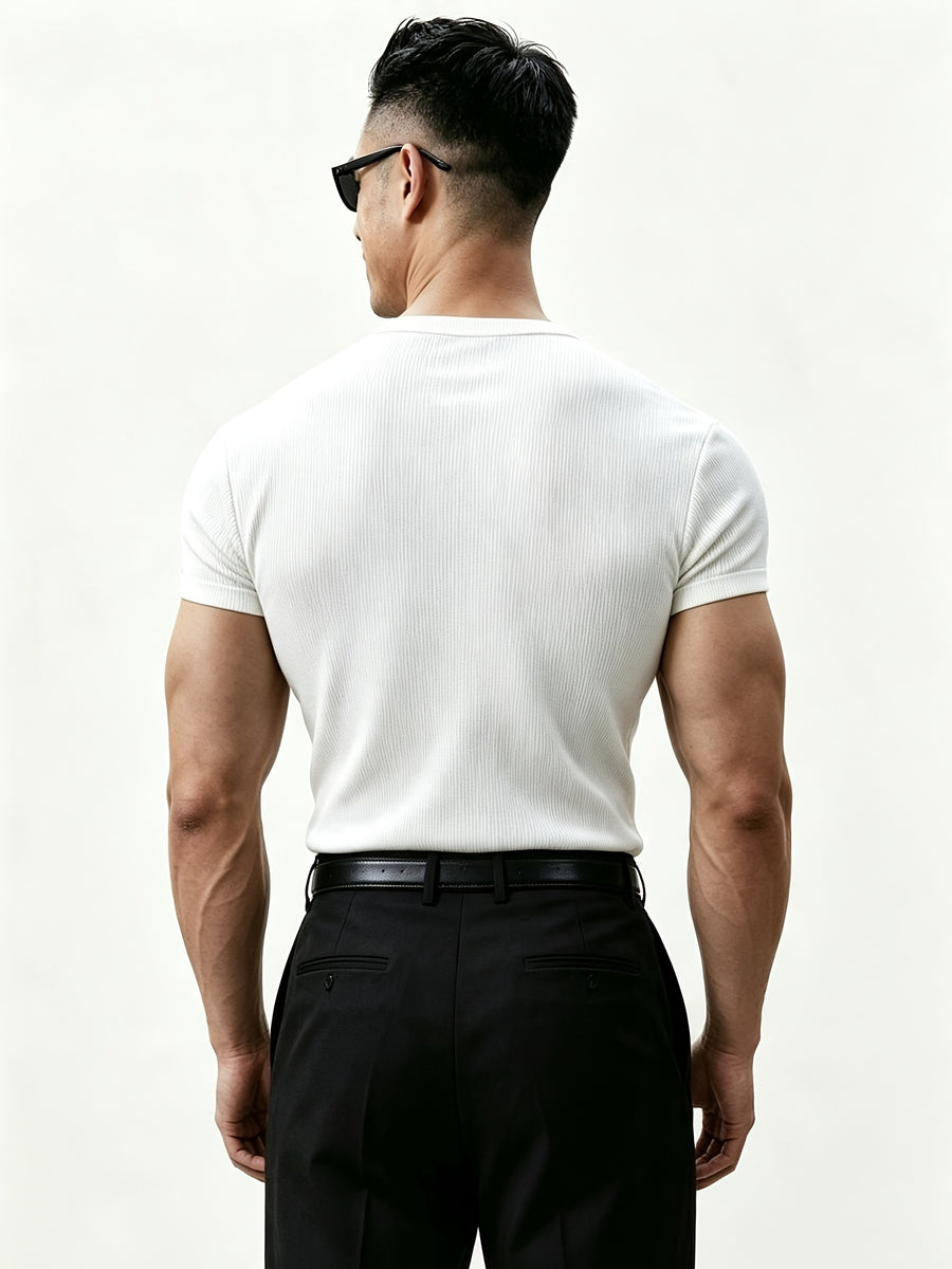 Italian-inspired Light Luxury Men's Textured Henley Collar Ribbed Short-sleeve T-shirt. Three-dimensional Tailoring Reshapes the Inverted Triangle Silhouette. Features Skin-friendly, Highly Elastic, and Breathable Fabric. Suitable for Multiple - White