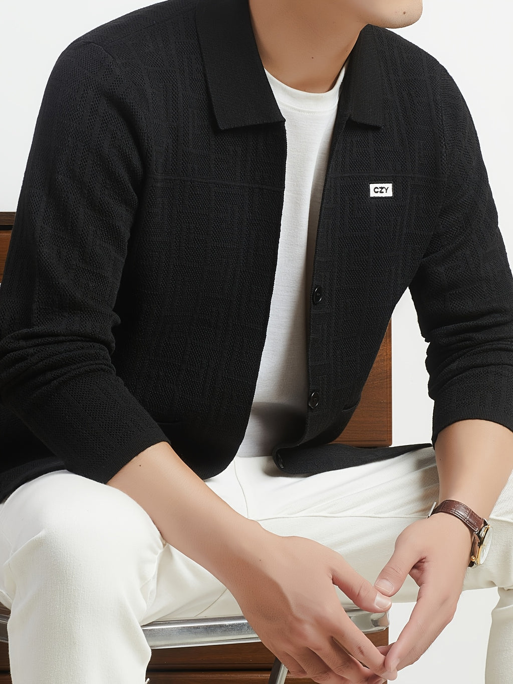 Du Jing Lan OBM Autumn/Winter New Arrival Men's Knit Cardigan, Old Money Style Solid Color Open Front Button-Up Lapel Long Sleeve Knit Cardigan, Men's Business Casual Fashion Open Front Knit Base Layer Top, Suitable for Layering in Spring - Black